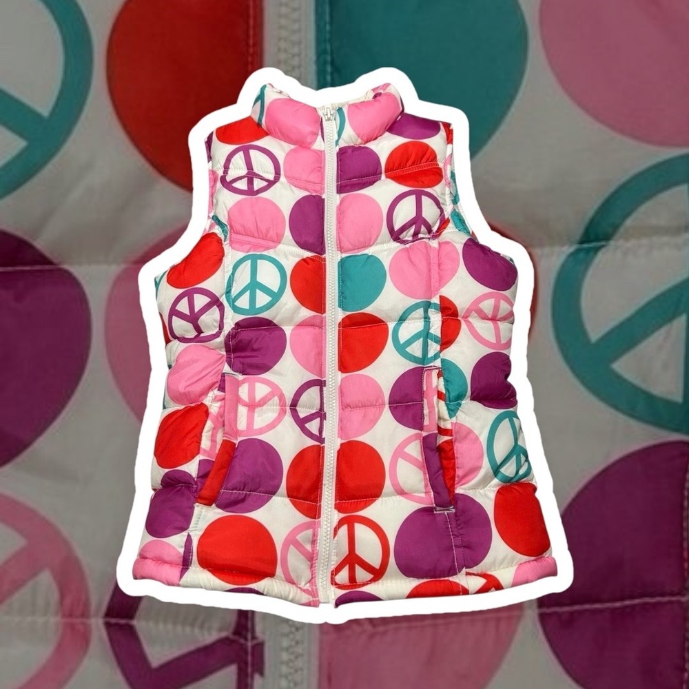 Y2K VTG‎ Colorful Funky Old Navy Puffer Vest Peace Sign Polka Dot Print